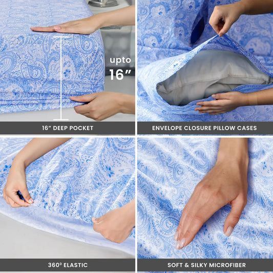 4pcs, Paisley Sheet Set, Brushed Microfiber, 16" Deep Pockets