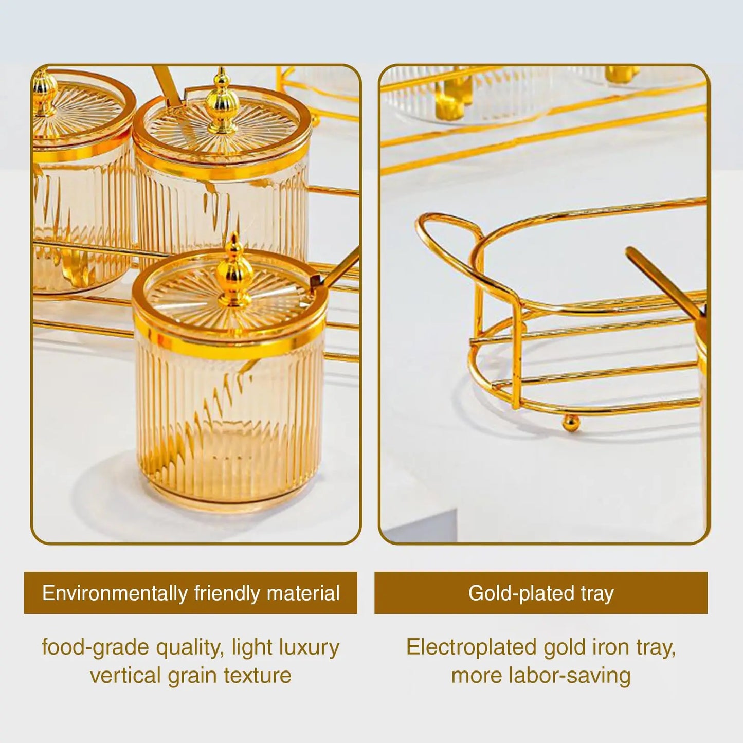 3pk Golden Stainless Steel Condiment Jar with Glass Lid and Spoon
