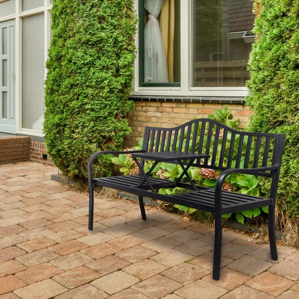 59" Outdoor Metal Bench Patio Bench with Built in Table
