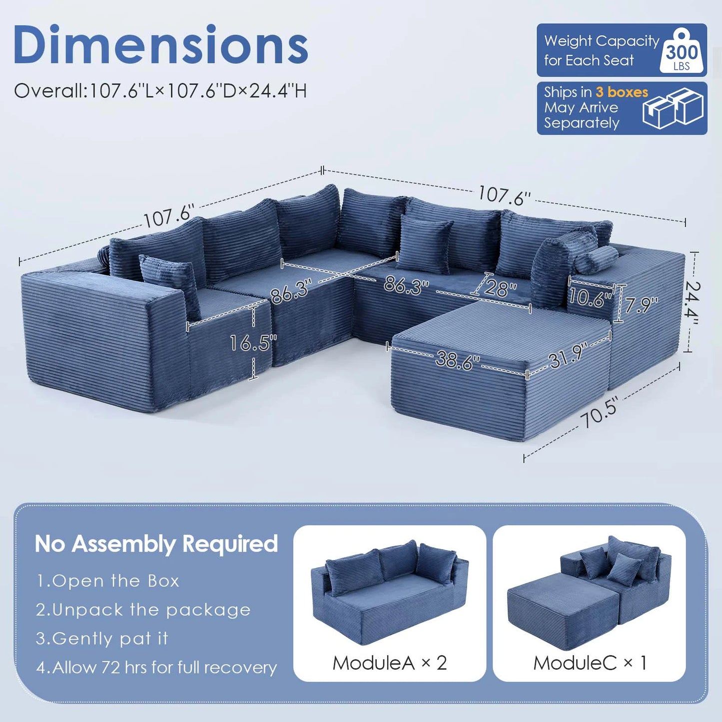 107" Boneless 6 Seat Sectional Couch w/Ottoman, Deep Seating