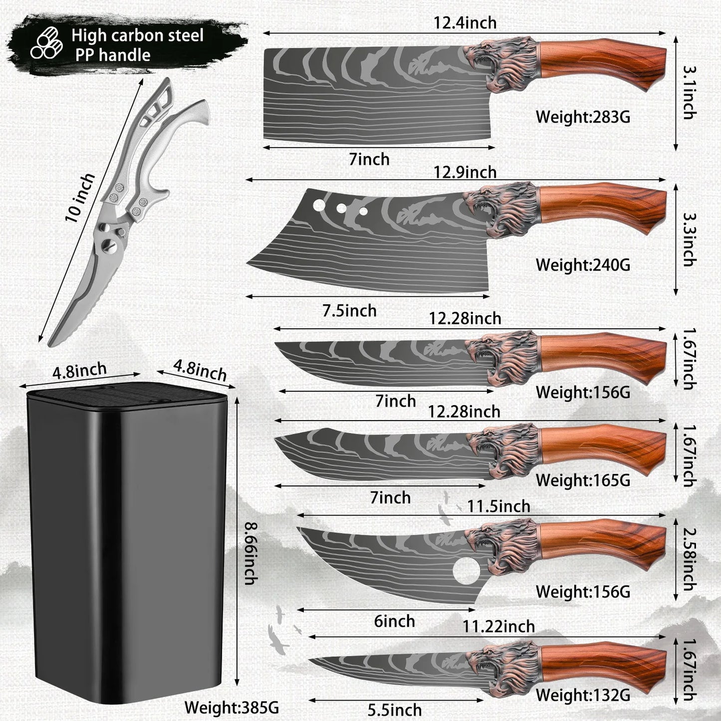 Stainless Steel Kitchen Knife Set, w/Block, Non-Slip Ergonomic Handle