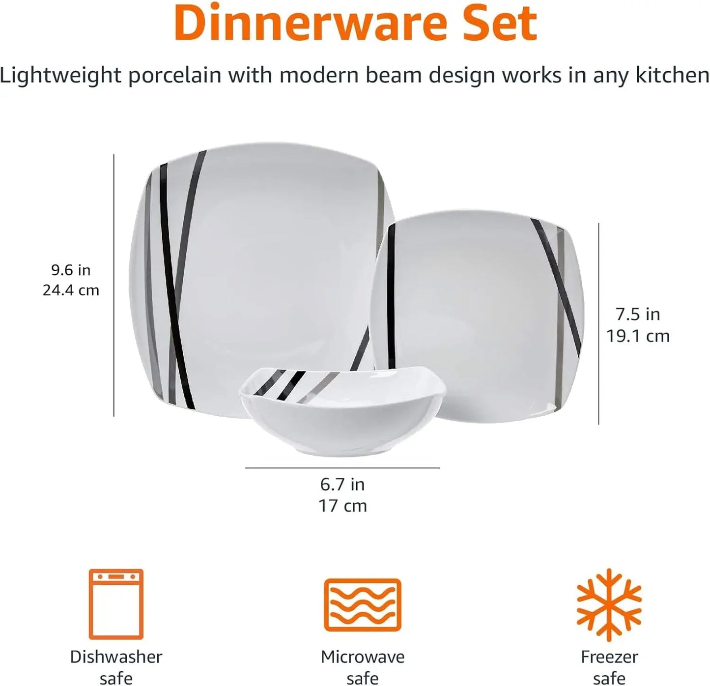 18pc Square Dinnerware Modern Beams Plates, Bowls, (6) Sets