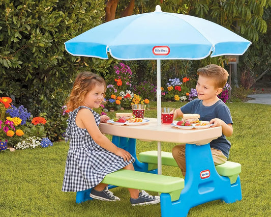Kids Foldable Picnic Table with UV Umbrella, Indoor/Outdoor