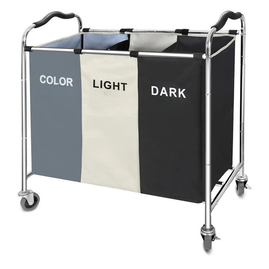 3 Section Laundry Bag Rack w/Wheels for Dirty Clothes