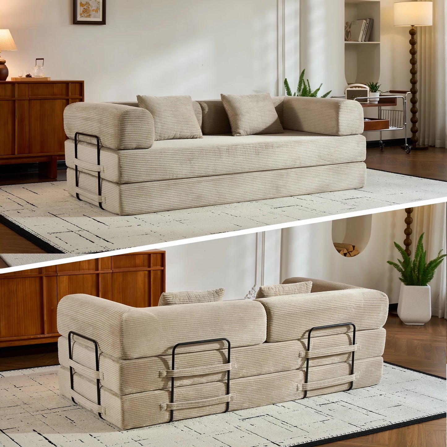 79" Folding Convertible Sofa Bed, Oversized Corduroy Futon, Boneless Loveseat