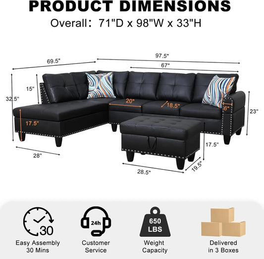 Modern L=shape 4-Seaters Couch w/Chaise Lounge, Ottoman & 2 Pillows