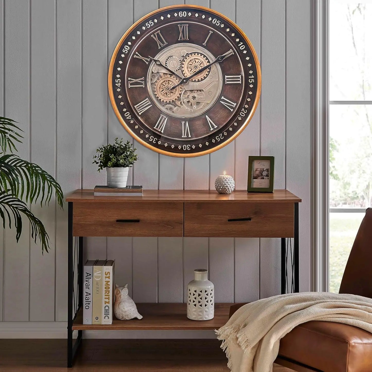Antique Gold Roman Numeral 24" Moving Gears Wall Clock