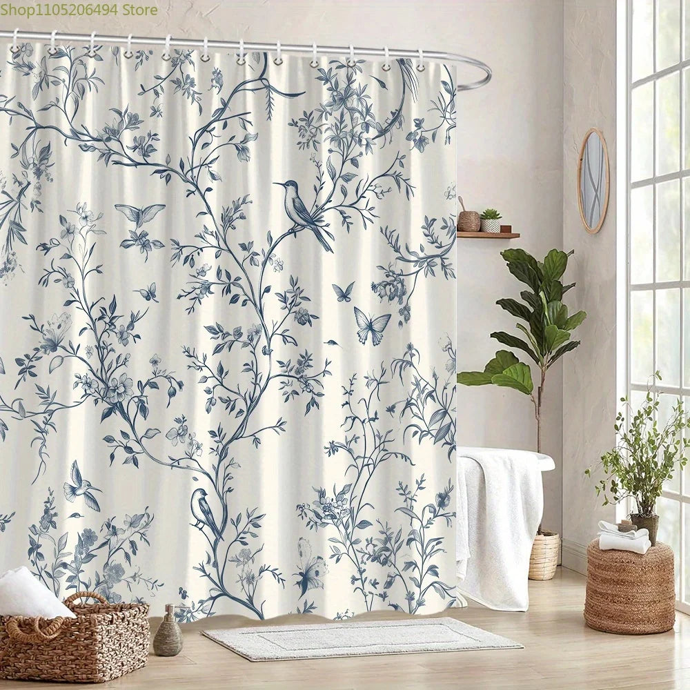 Vintage Floral Shower Curtain - Elegant Blue Branches & Birds