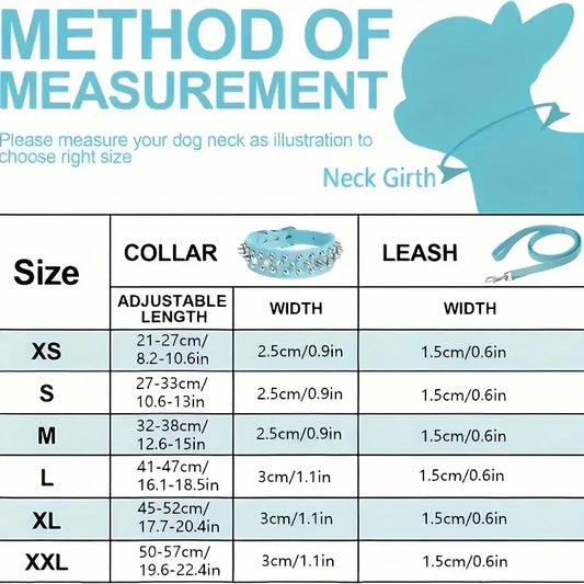 Adjustable Riveted Leather Spiked Dog Collar and Leash Set