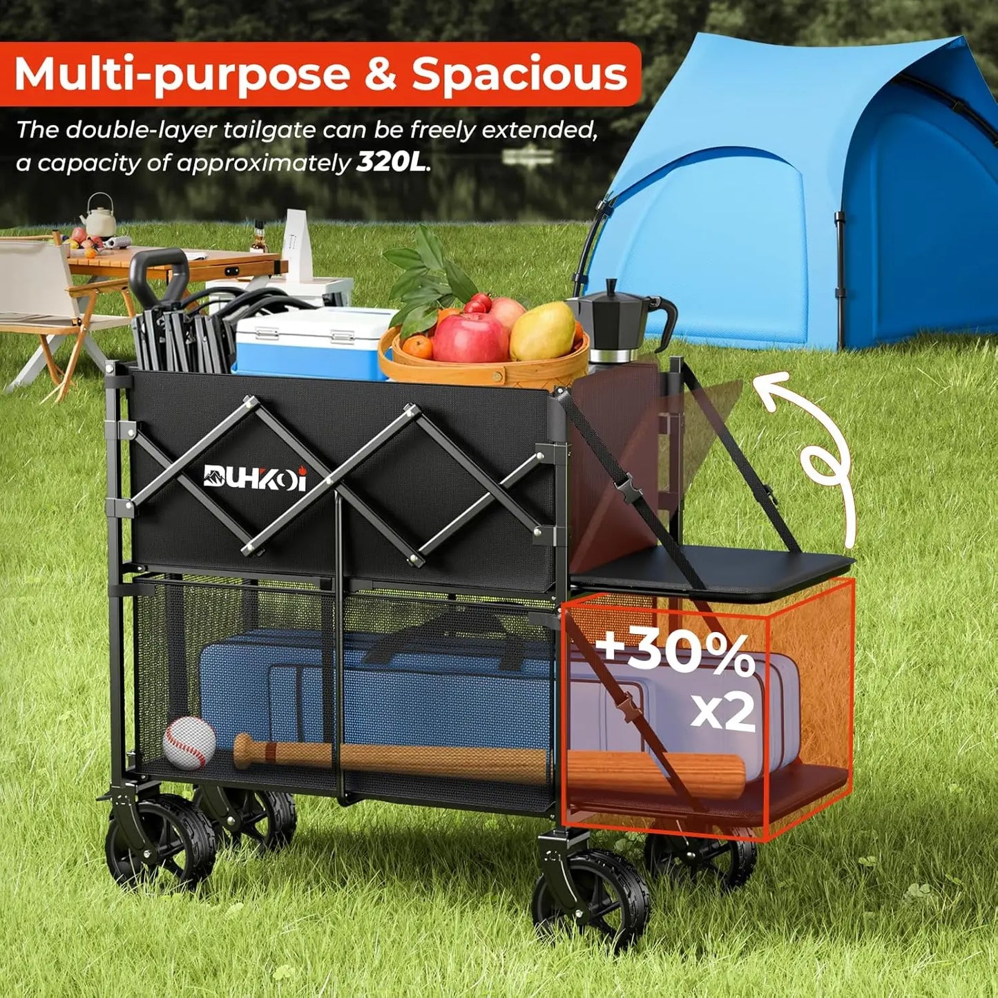 2 Tier 320L Double Decker Collapsible Wagon Cart w/Big Wheels