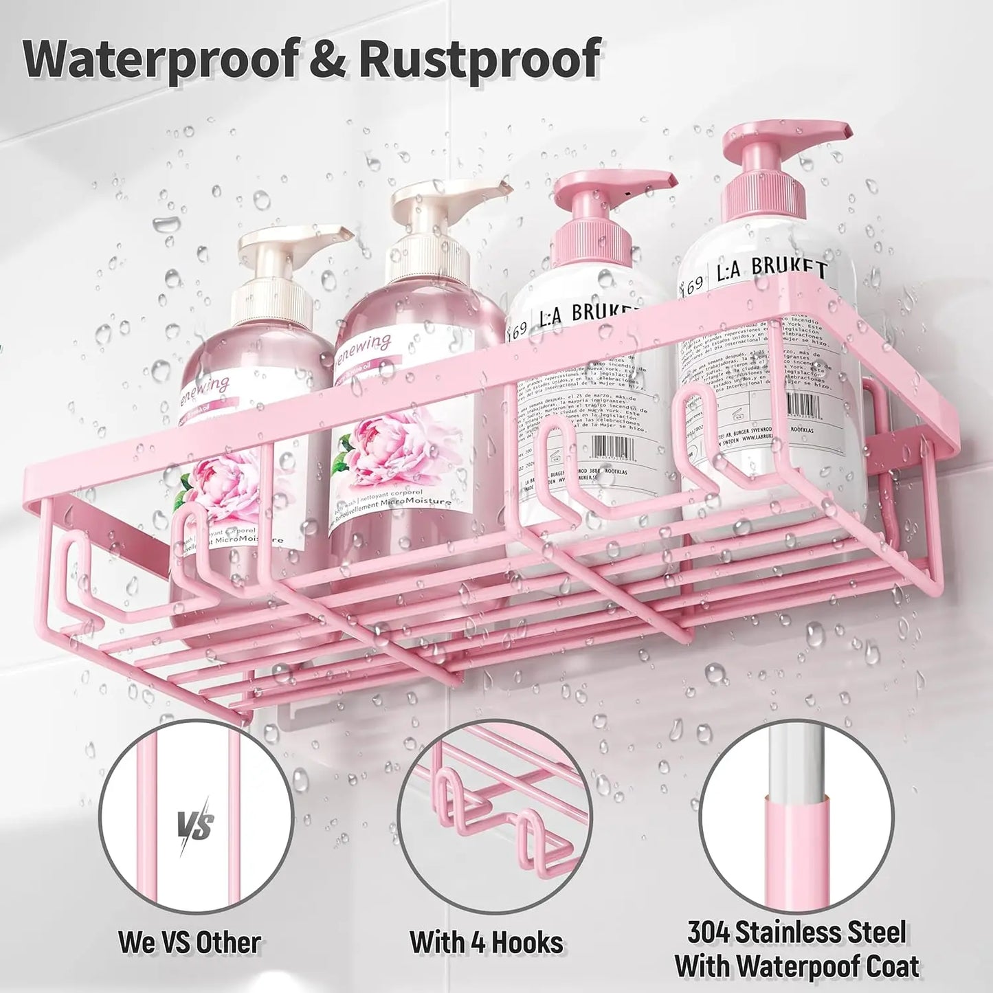 5pk Stainless Pink Shower Caddy Organizer, Adhesive, No Drill