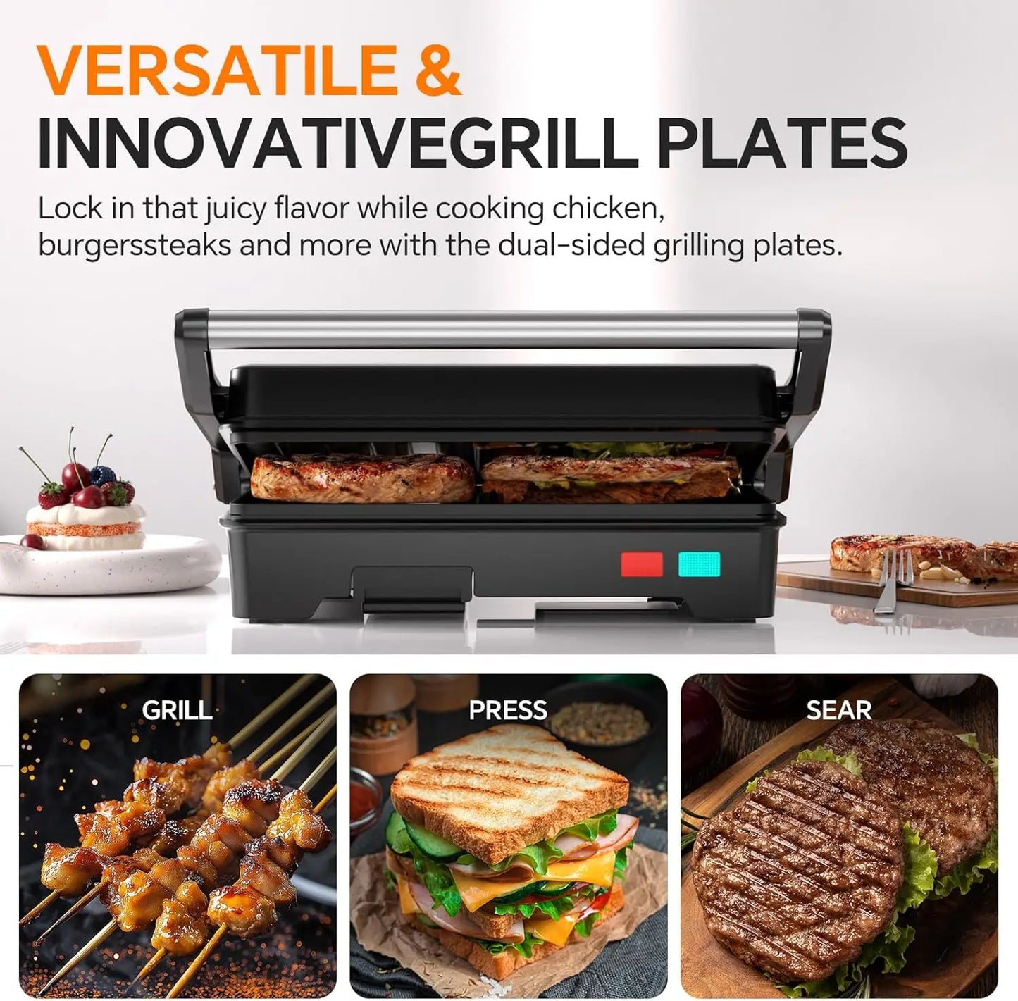 1000W Electric Grill Sandwich Press, Non-Stick Plates,