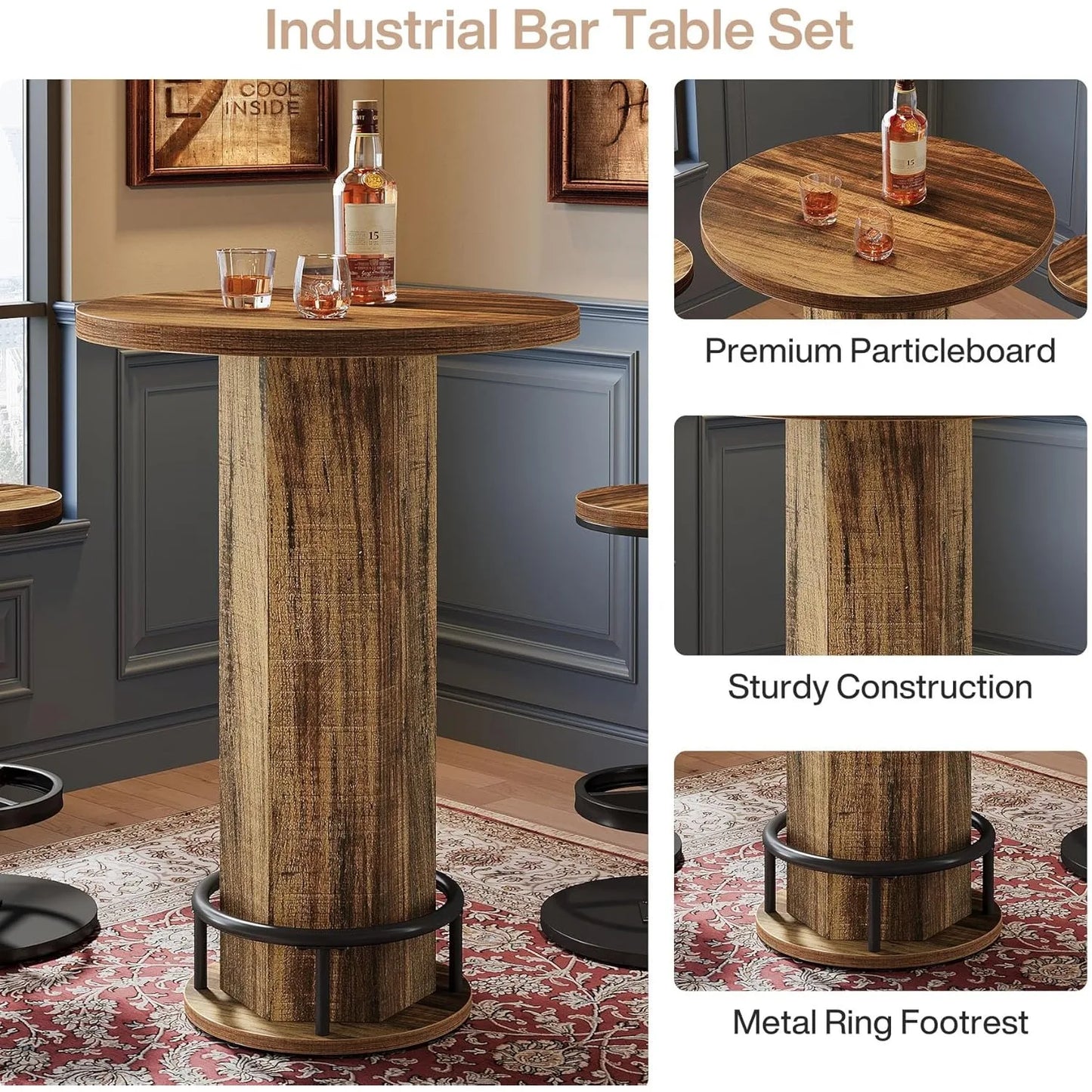 Round Bar Table, Bistro Set with 2 barstools
