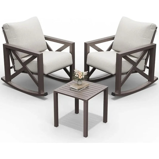 2 Outdoor Rocking Chair Set w/Table and 6.5" Water-Resistant Cushions