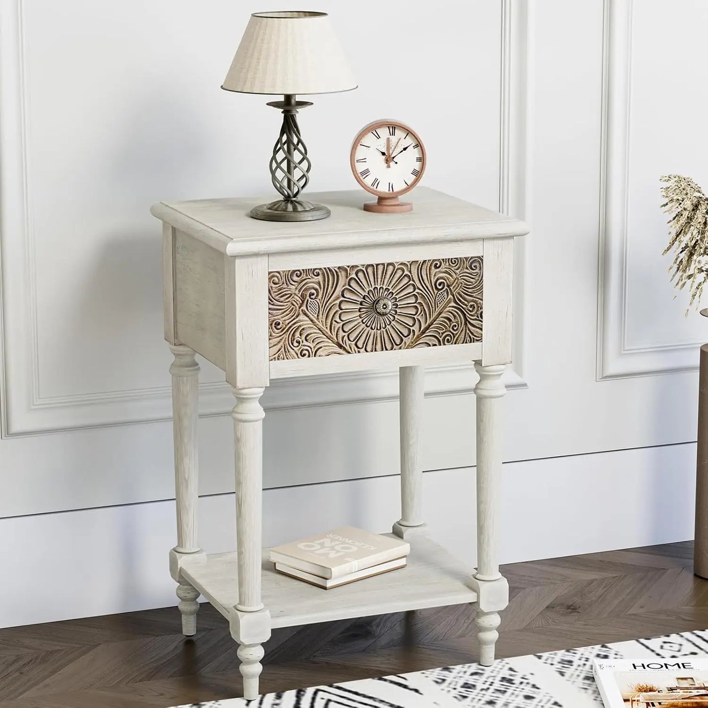 Flower Motif Nightstand w/Drawer & Storage, Fully-Assembled