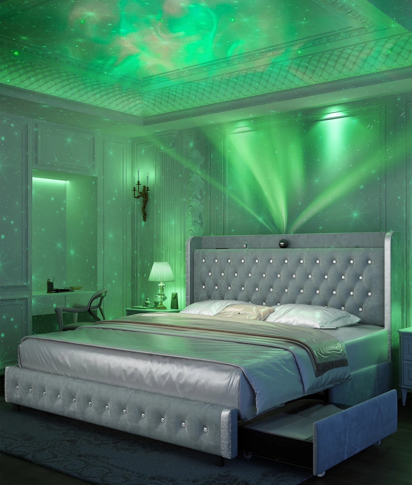 4 Drawers, Queen LED Bed Frame w/Galaxy Projector, Bluetooth, USB Ports