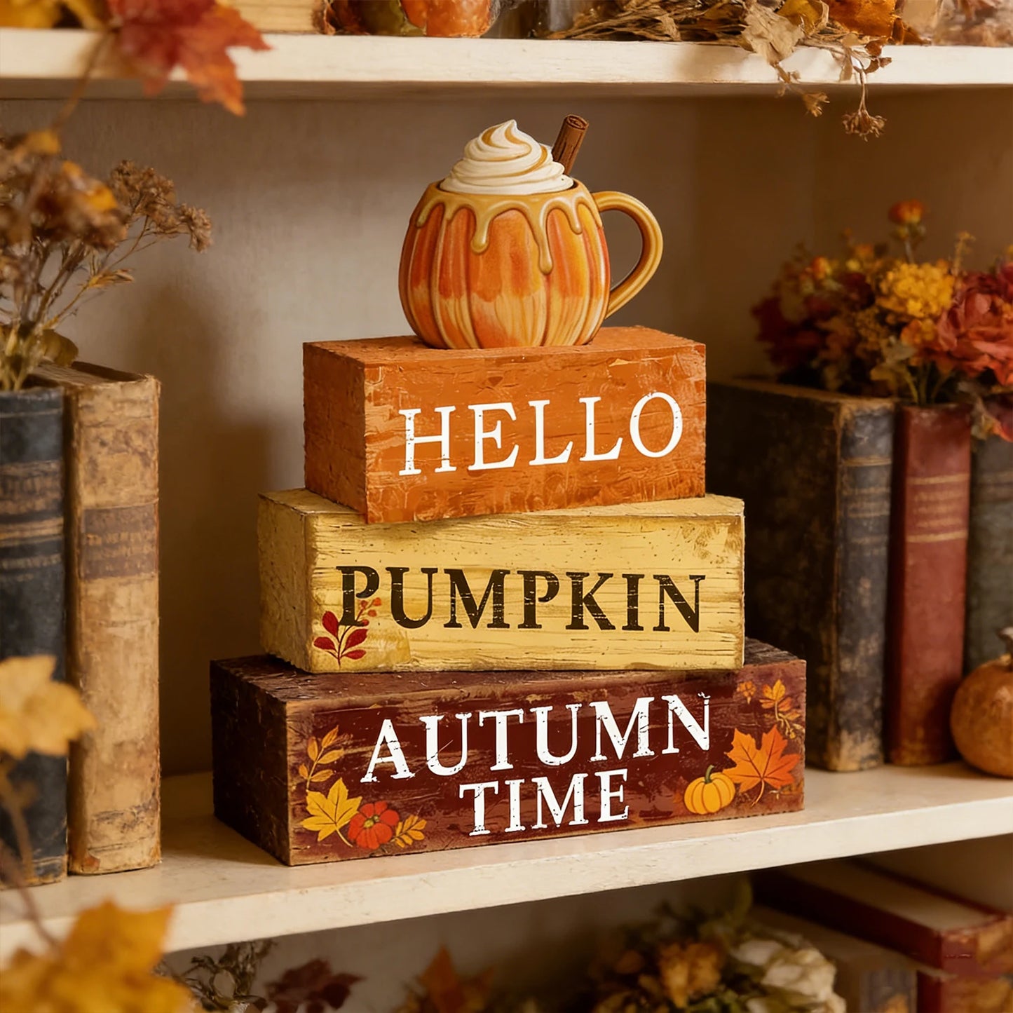 4pc Stackable Thanksgiving Rustic Farmhouse Wooden Sign Blocks
