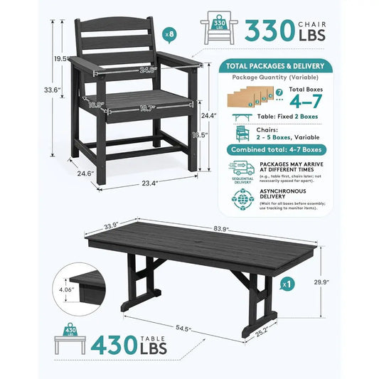9 Piece Outdoor Dining Set, 84" Table w/8 Chairs