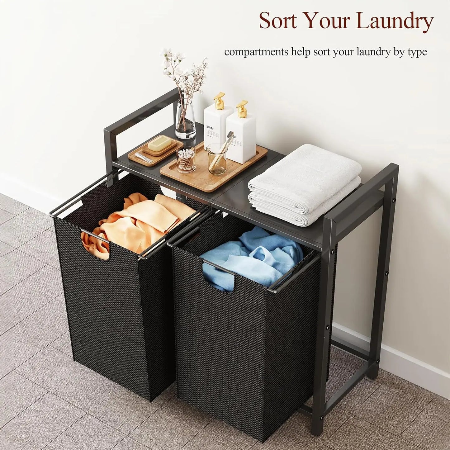 Dual Compartment Laundry Basket w/Shelf & Removable Bags,
