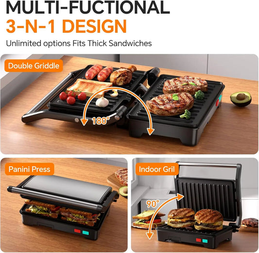 1000W Electric Grill Sandwich Press, Non-Stick Plates,