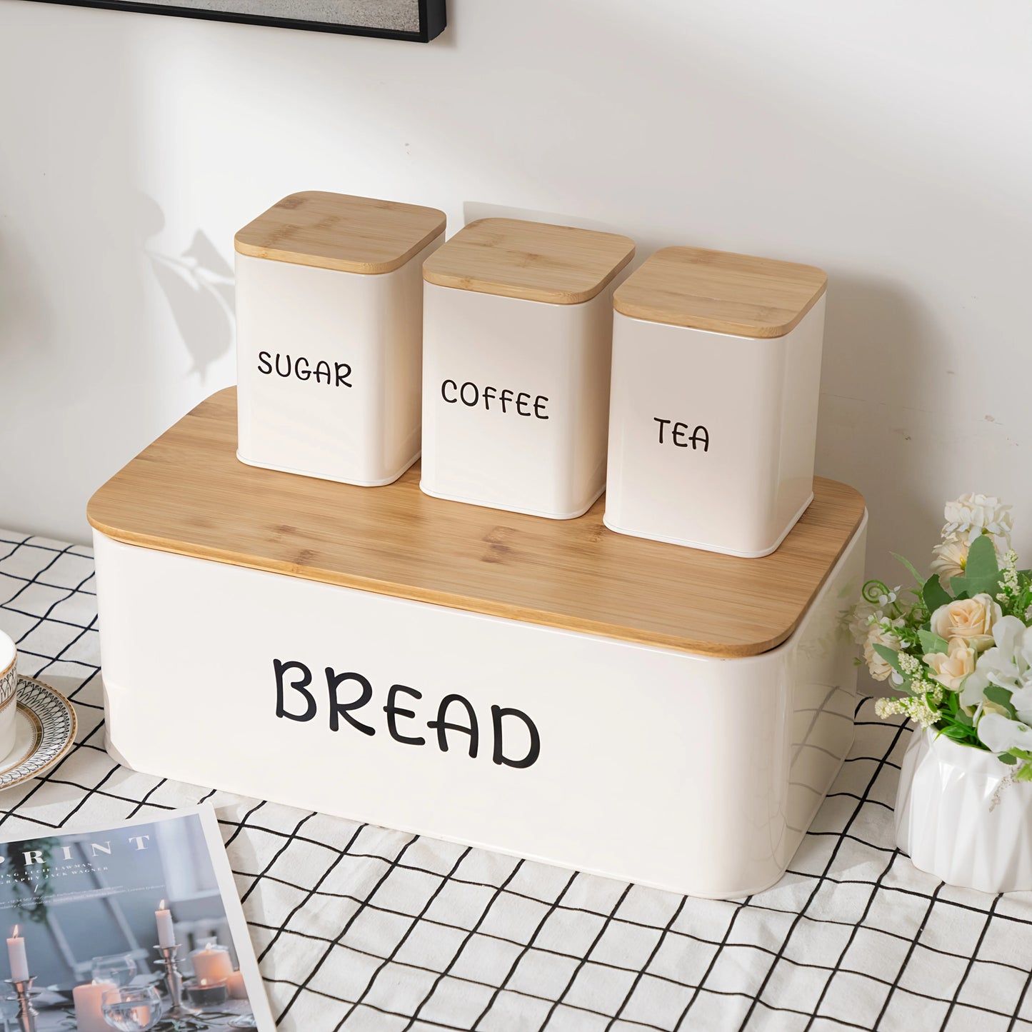 White Metal Bread Box, Tea, Coffee, Sugar w/Bamboo Cover,