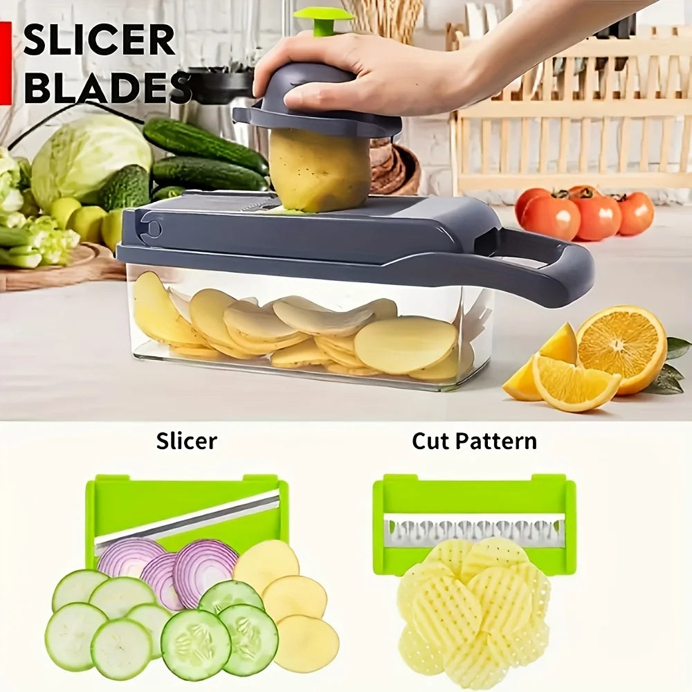 16-in-1 Manual Vegetable Chopper with Container & 8 Blades