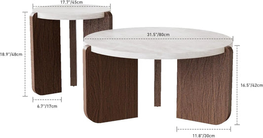 Round Coffee Table, Marble Top, Walnut & Cream White Legs