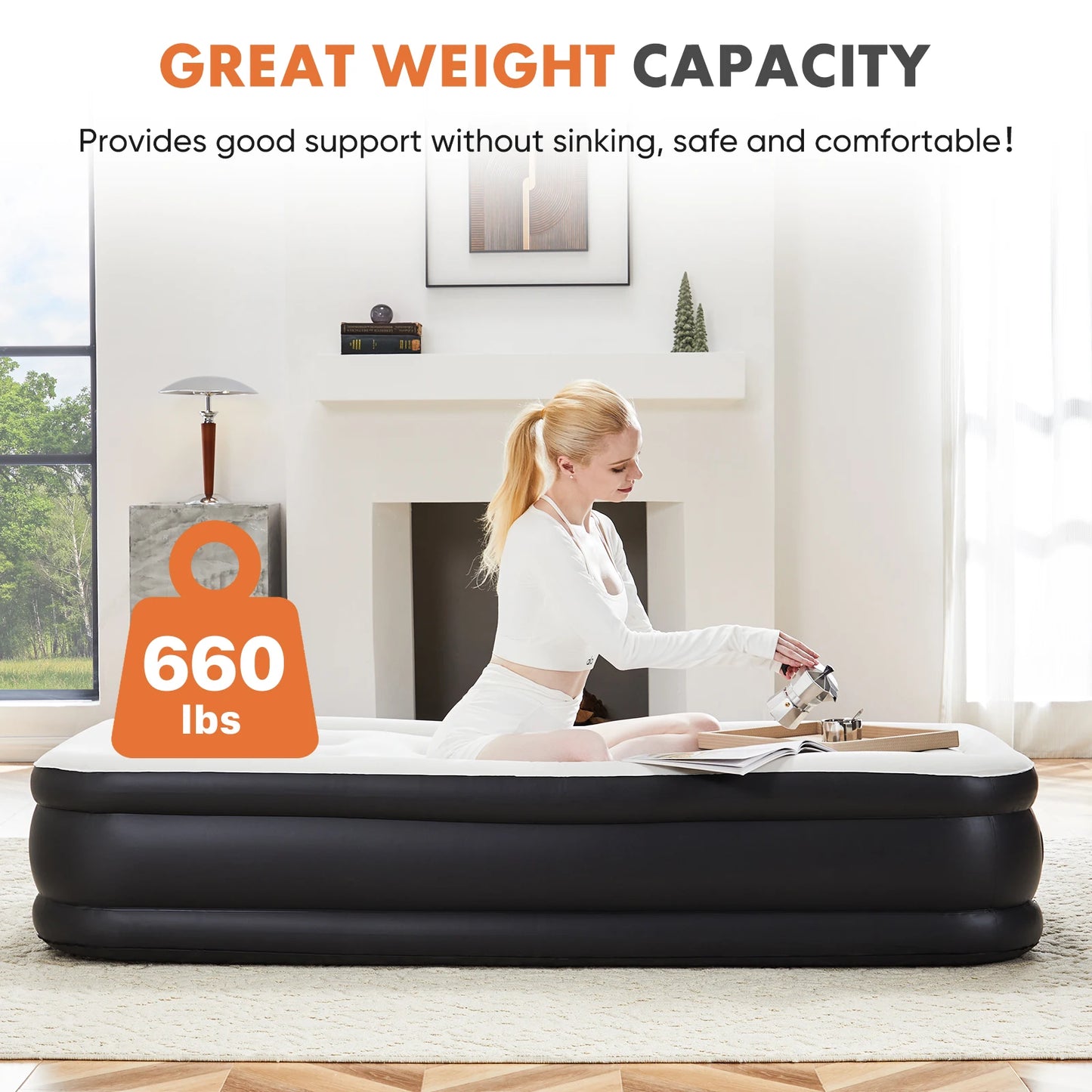 Queen, Twin Double Height Blow-up Air Mattress, Non-Slip Bottom, 660lb
