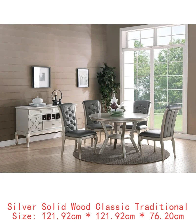 7pc Rect. Glass Dining Table, Silver Hue, 6 Tufted Side Chairs