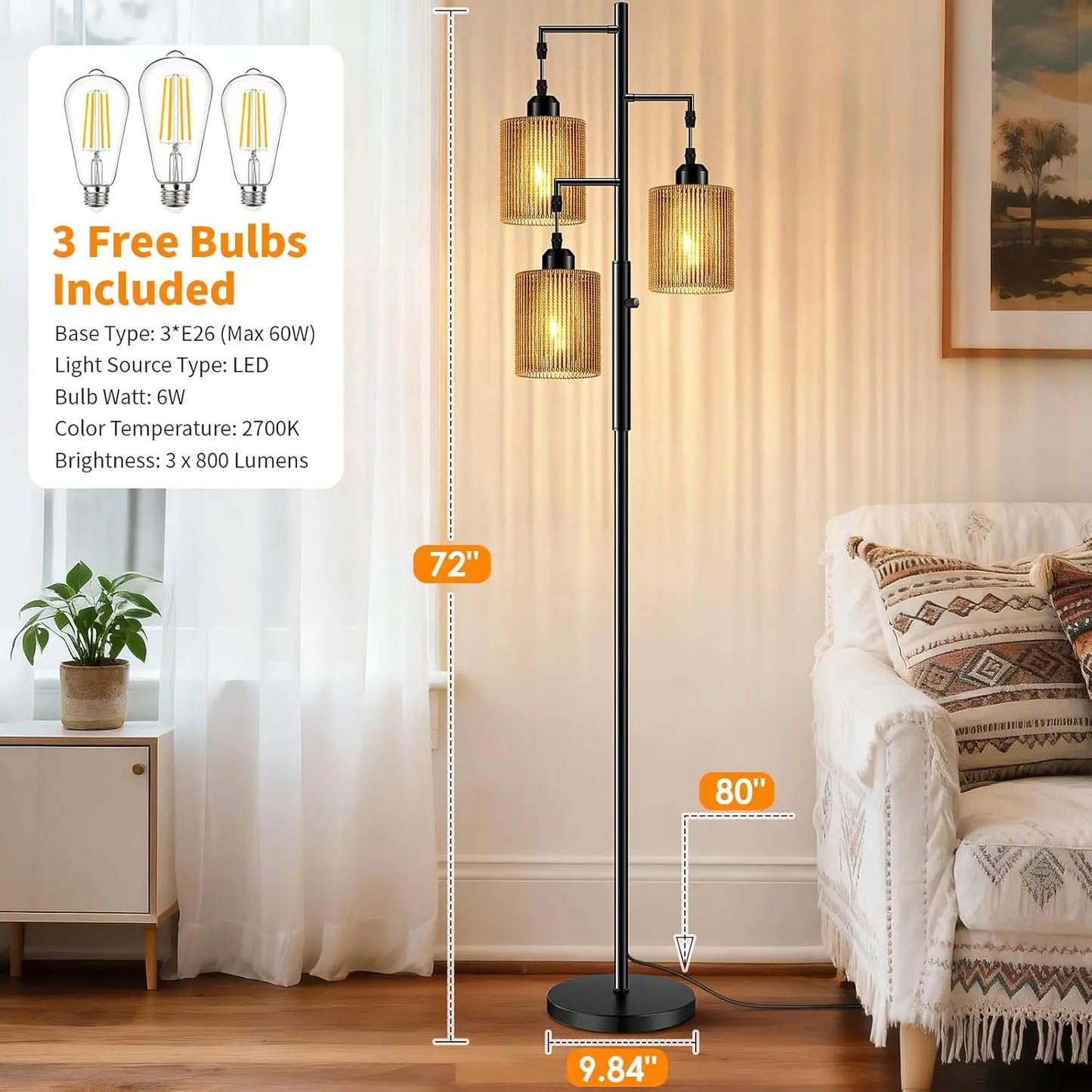 72" Boho Floor Lamp w/Dimmable Light, Handcrafted Brown Shade,