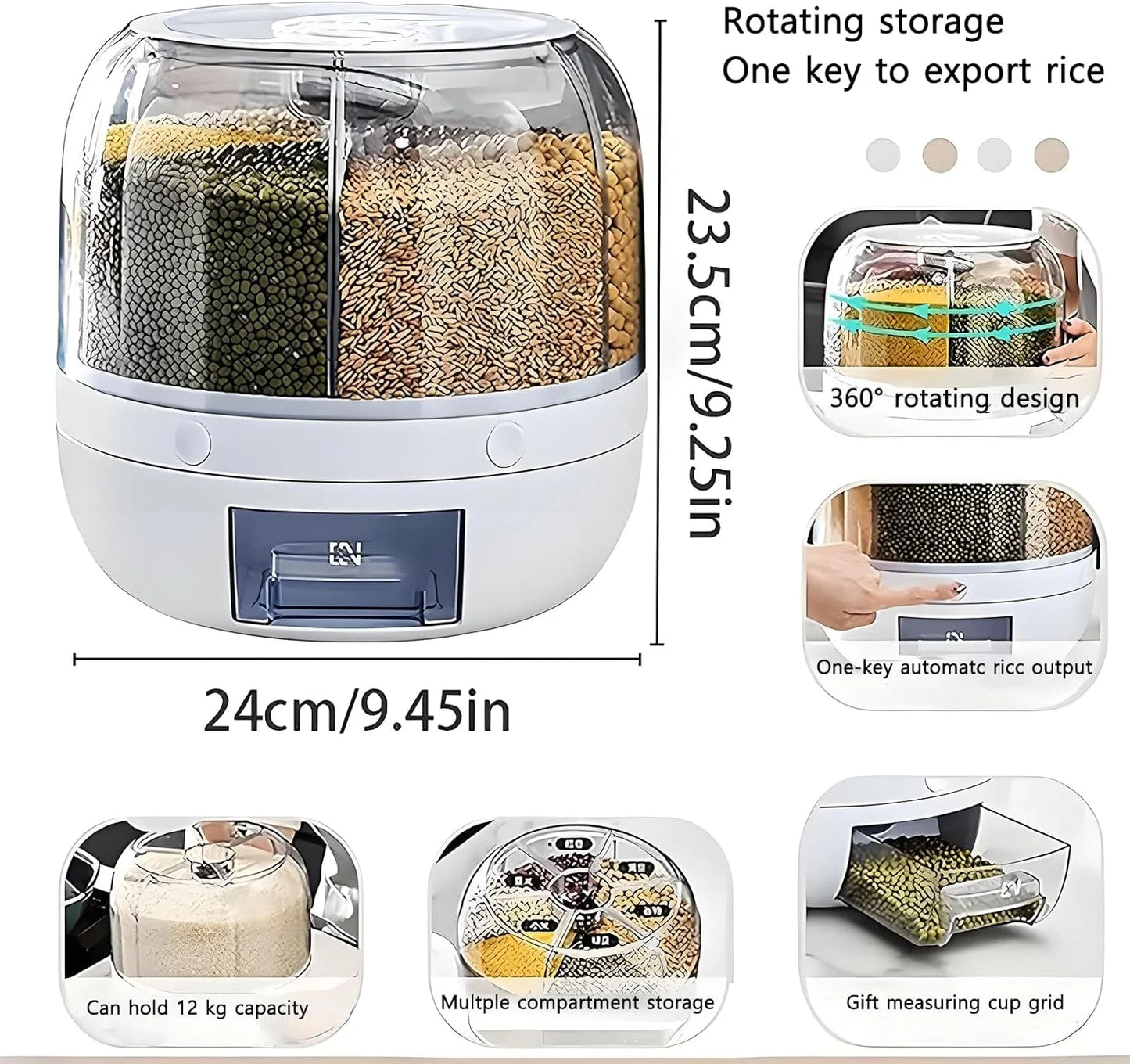 Rotating Grain Storage Container, 6-Compartment, One-Touch, Moisture-Proof