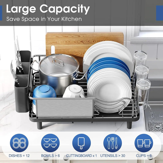 Large Stainless Dish, Utensil Drying Rack with Drain Board