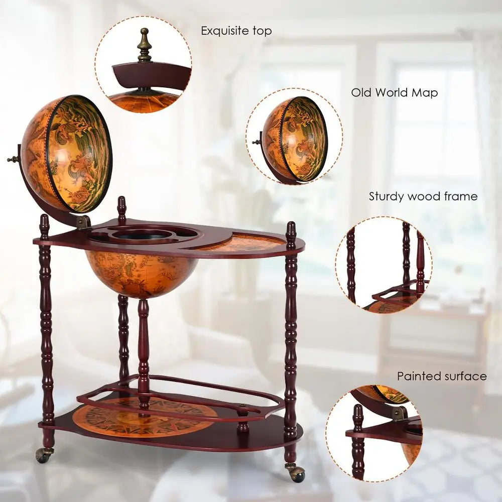 34.5" H, Wine Globe Bar Stand, Wood with Wheels,