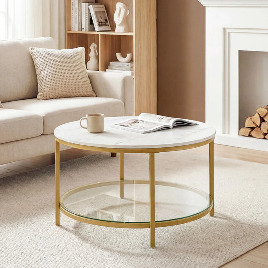 31" Modern Marble Round Coffee Table, 2-Tier