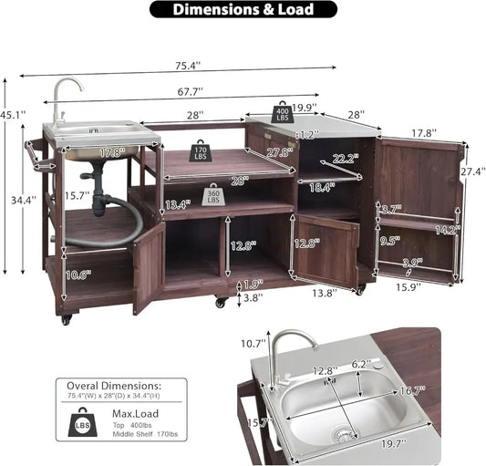 75.4" Outdoor Stainless Top Kitchen Island w/Sink, Rolling BBQ Cart
