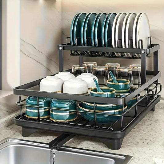 2-Layer Elevated Dish Drying Rack w/Water Tray
