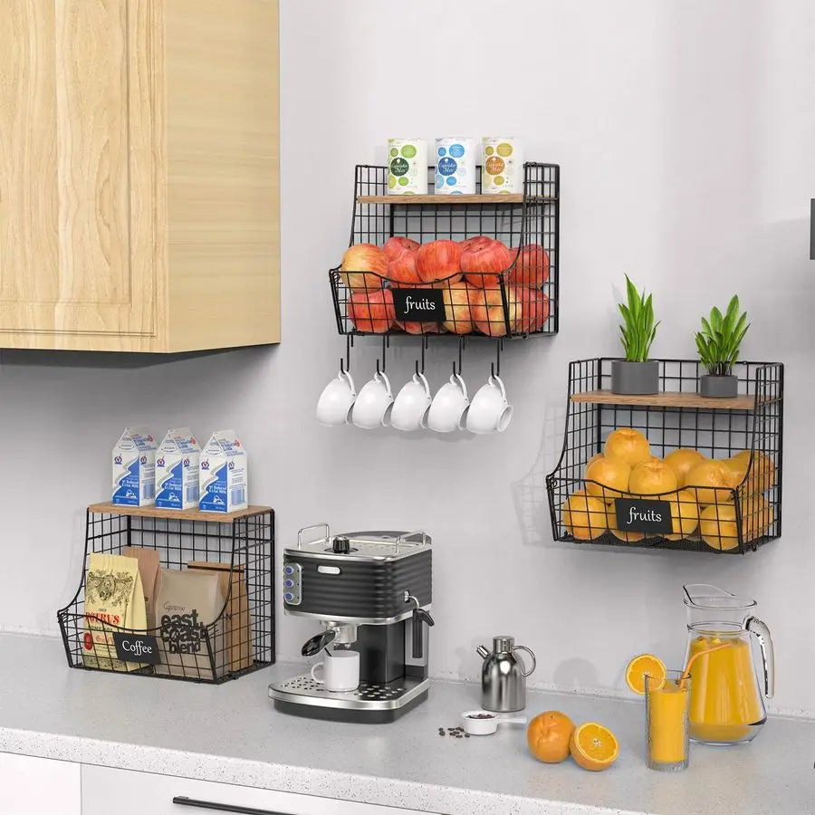 3 Produce and General Kitchen Storage Wire Baskets w/Lids