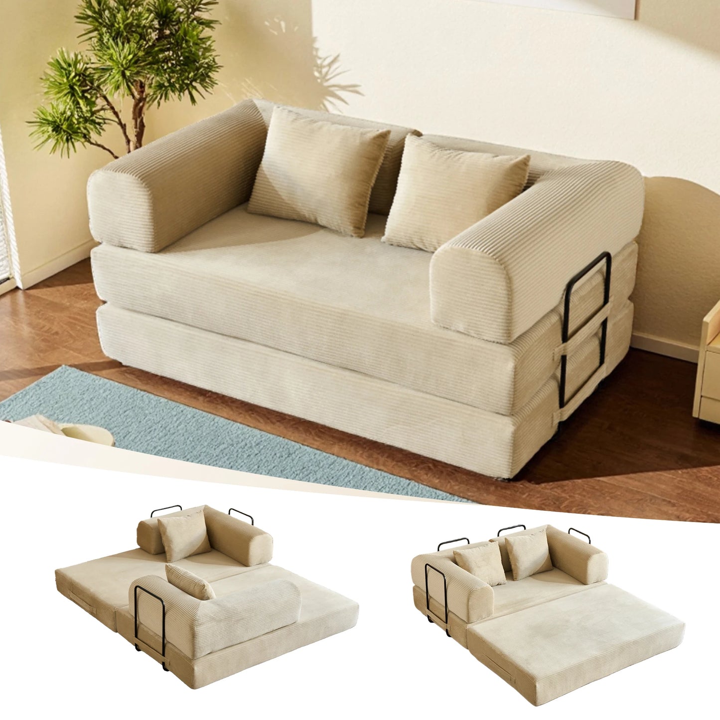 59" 4:1 Boneless Convertible Floor Sofa, High-Density Sponge & Corduroy Fabric