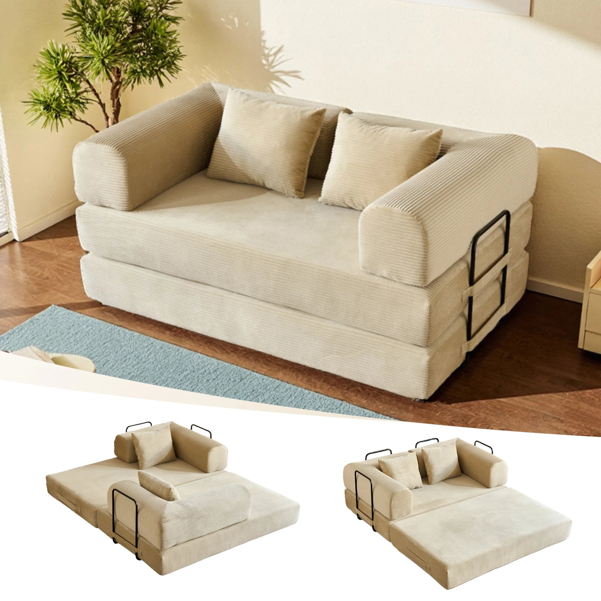 59" 4:1 Boneless Convertible Floor Sofa, High-Density Sponge & Corduroy Fabric