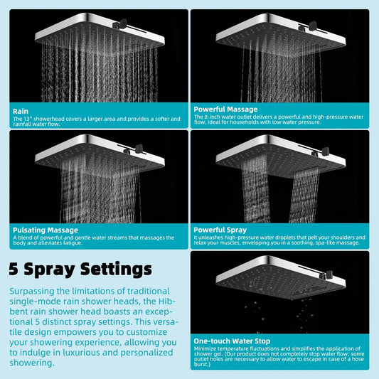 13" Rain Shower Head, 5 Spray Modes, 16" Extension Arm