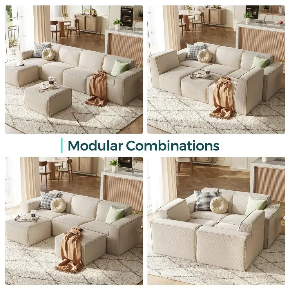 L Shaped 4 Seat Sectional Sofa, 134" Boneless Couch w/Movable Ottoman, Corduroy