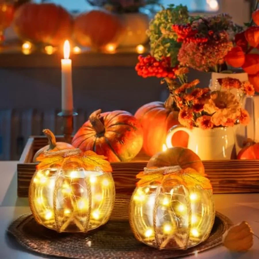 3pc Fall Glass Pumpkin Lights, Centerpieces Autumn Harvest Pumpkin, Battery