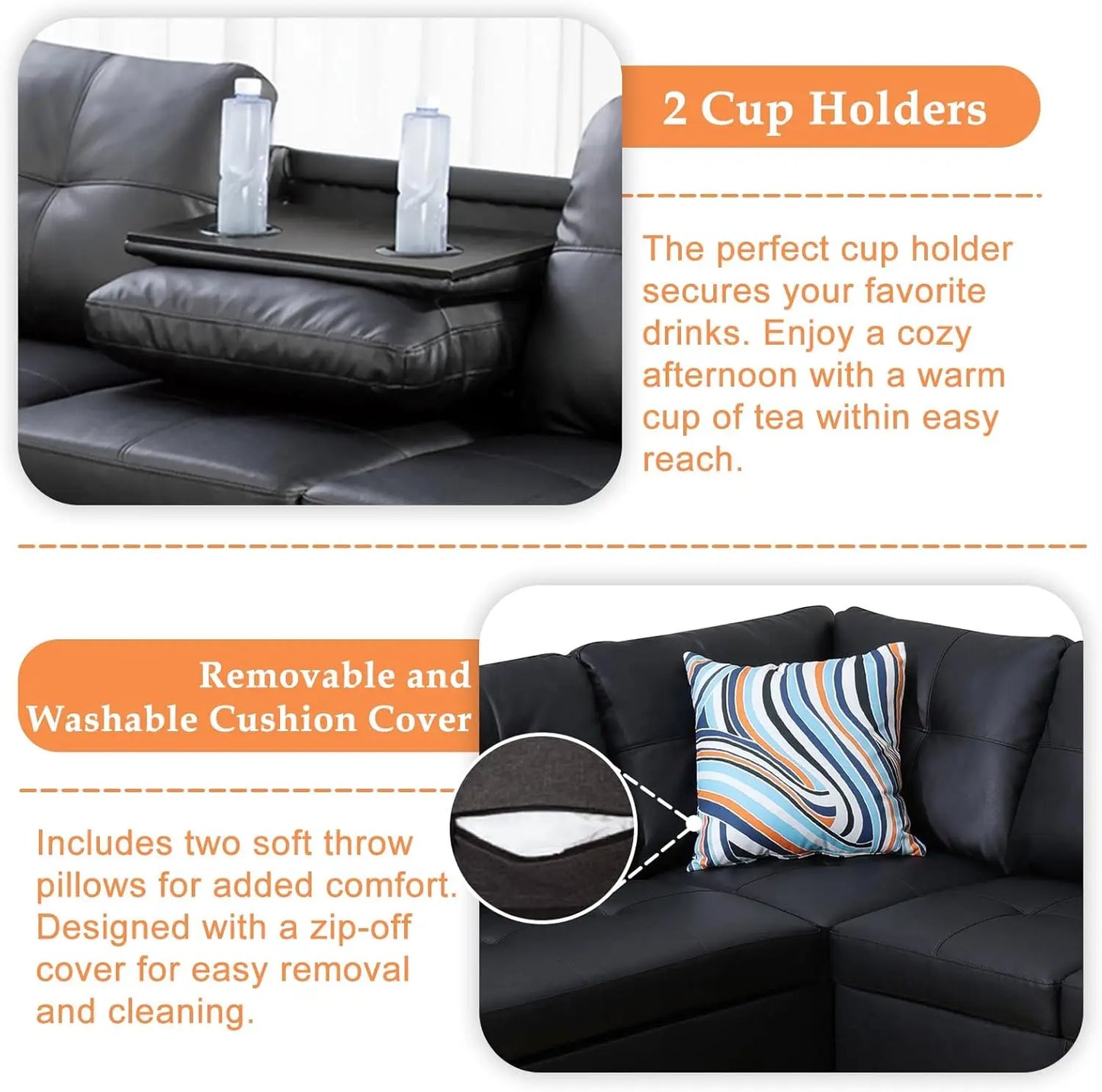 Modern L=shape 4-Seaters Couch w/Chaise Lounge, Ottoman & 2 Pillows