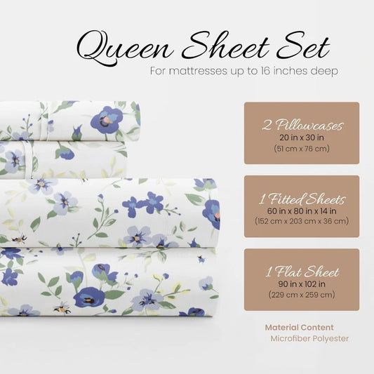 4 Piece Queen Sheet Set (Light Blue Floral)