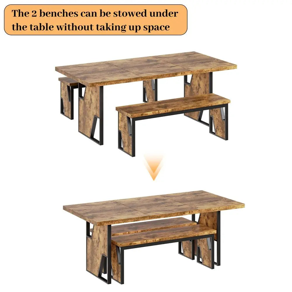 70.8 Modern Wooden Dining Table with 2 Benches,