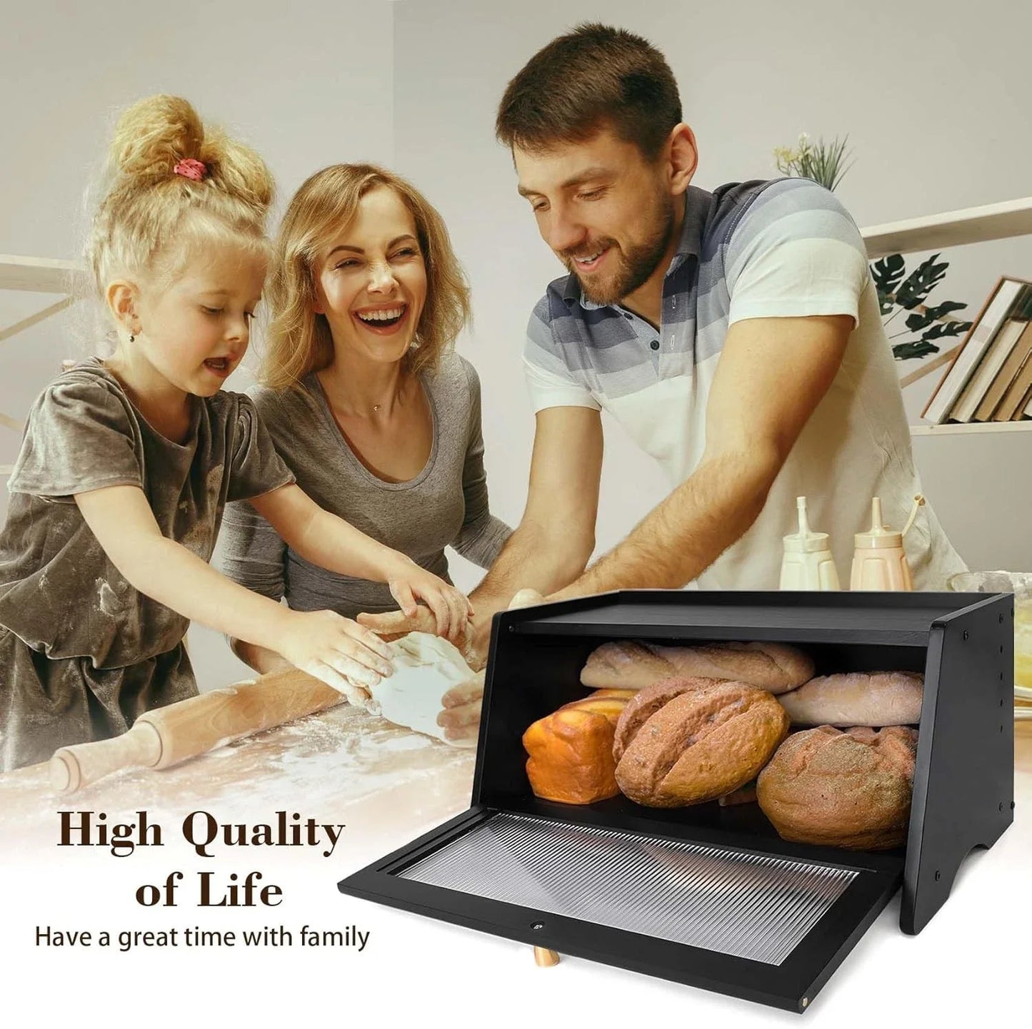 Large Black Bamboo Bread Box with Window & Air Vents