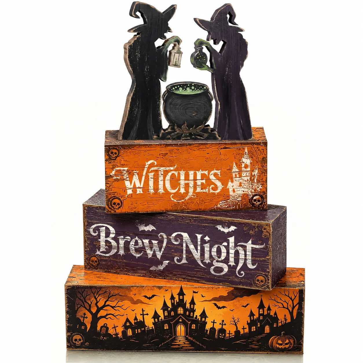 Rustic Witch Hat Table Decorations - Artificial Wood Layered Tray Centerpiece