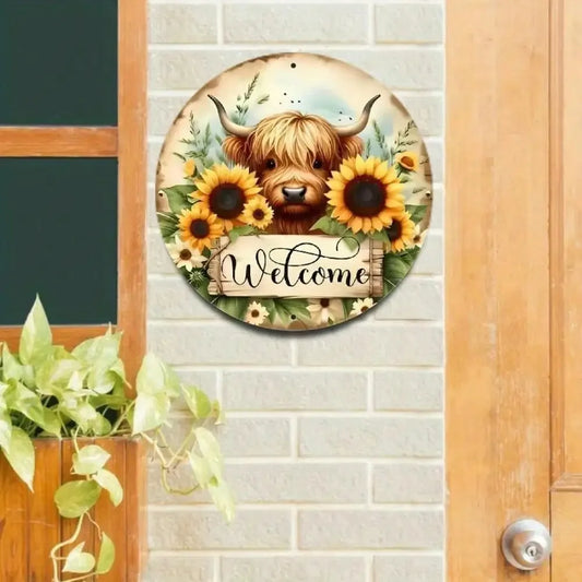 Vintage Metal Highland Cow Welcome Sign, 8x8