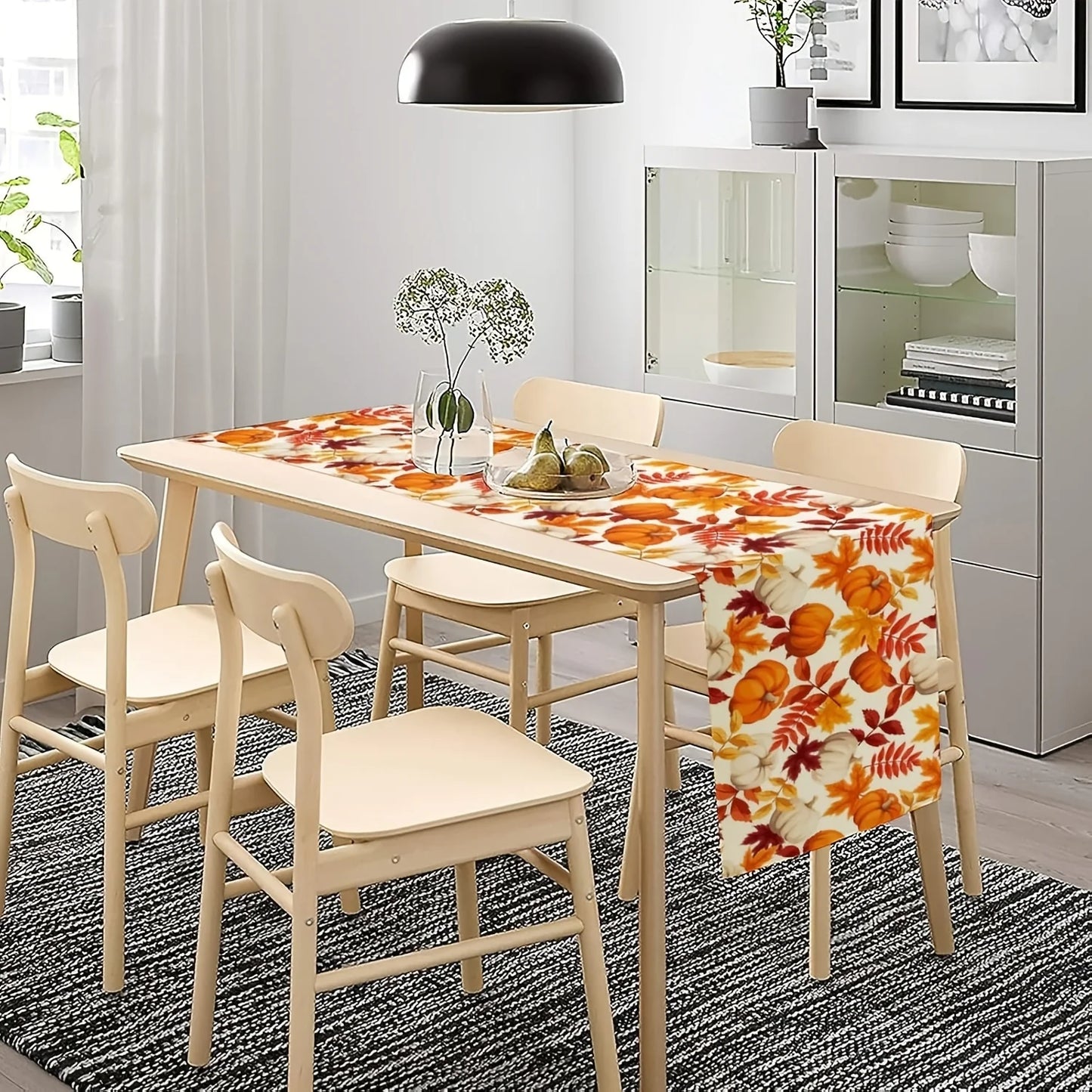 1pc (2 sizes) Autumn Table Runner, Thanksgiving Orange Brown and Yellow Fall Leaves White Pumpkins