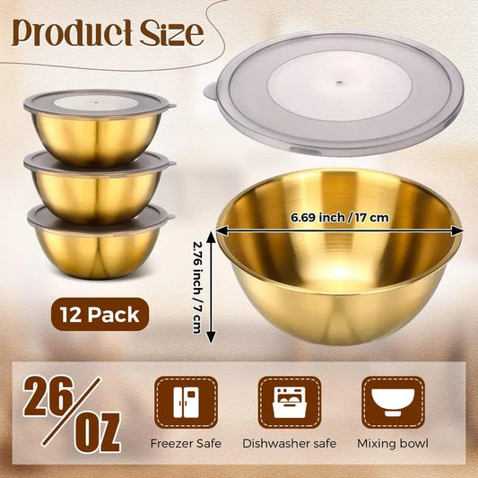 12 Pack 6.69 inches Gold Mixing Bowls with Airtight Lids